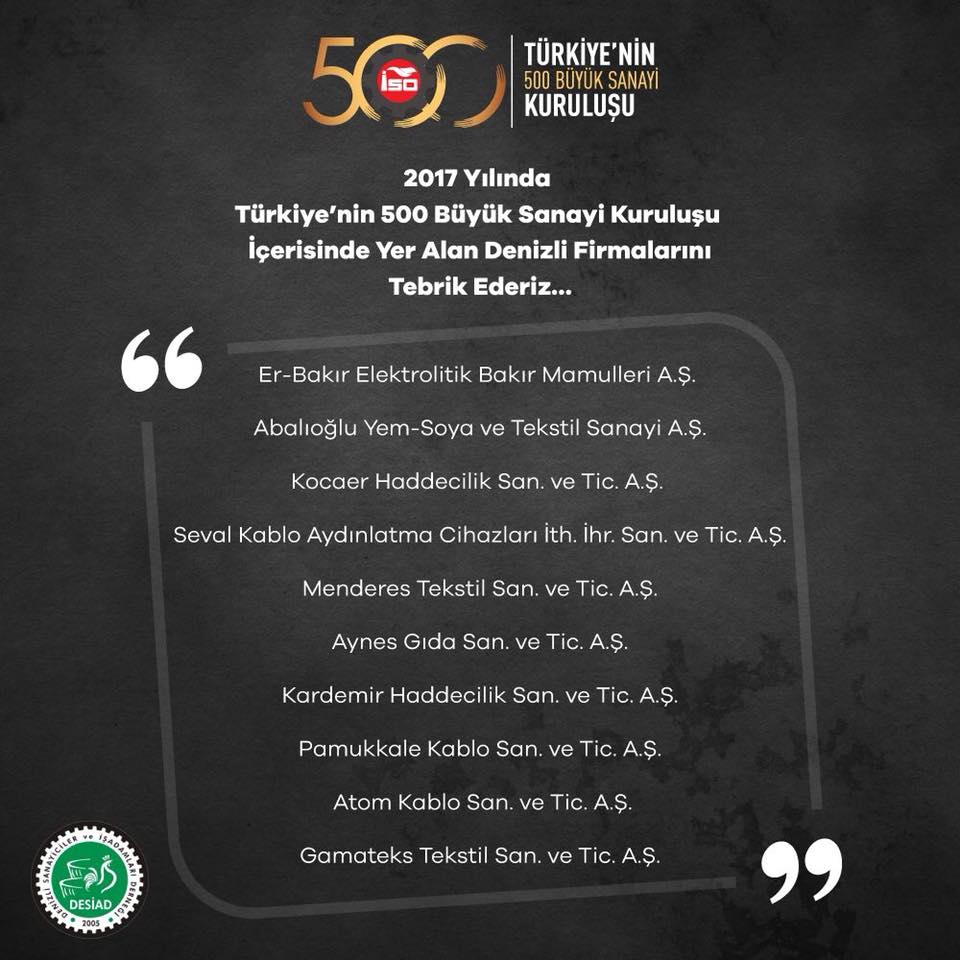 Seval Kablo 2017 yılında da Türkiye’nin 500 Büyük Sanayi Kuruluşu İçerisinde!